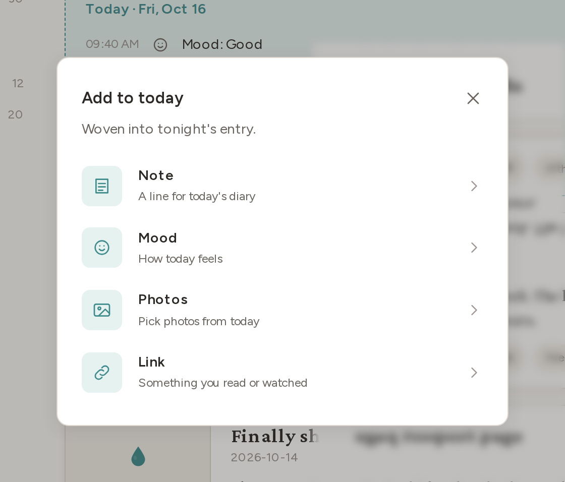 The Add to today dialog with Note, Mood, Photos, and Link