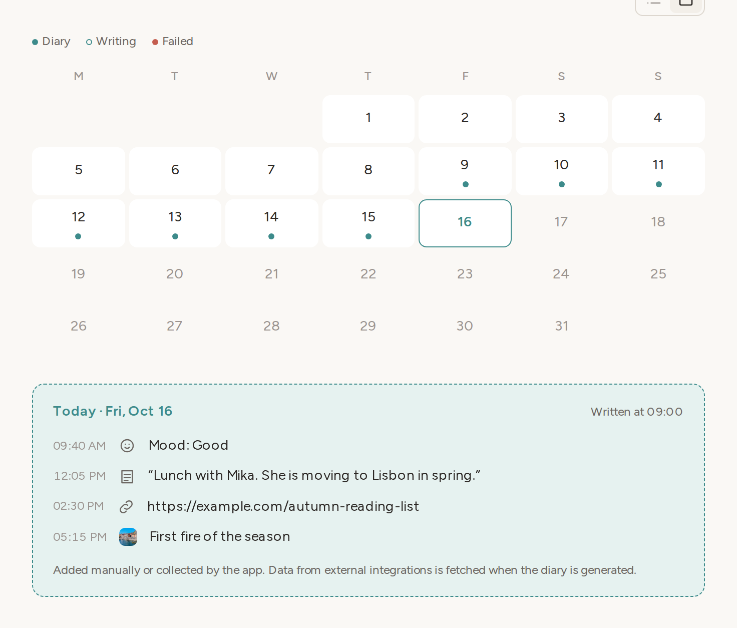 Calendar view opened on today, with the Today card below the grid
