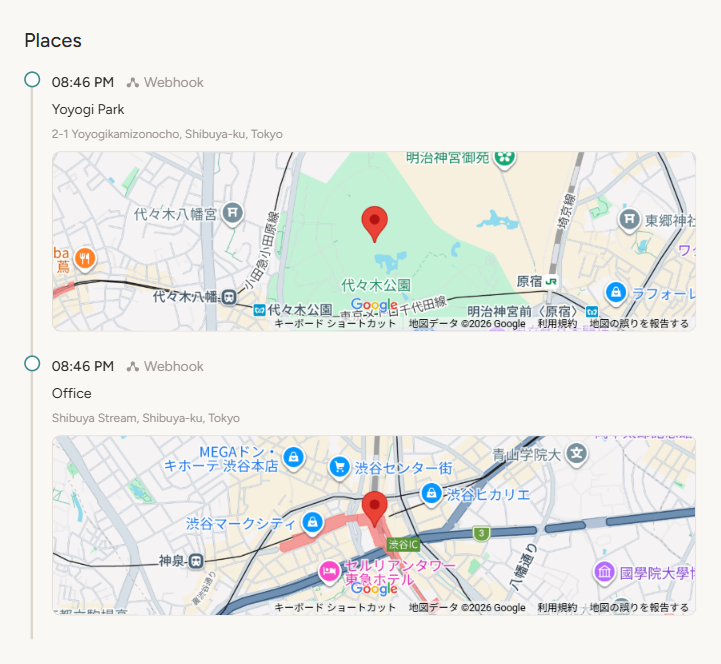 Location timeline showing places visited with embedded maps