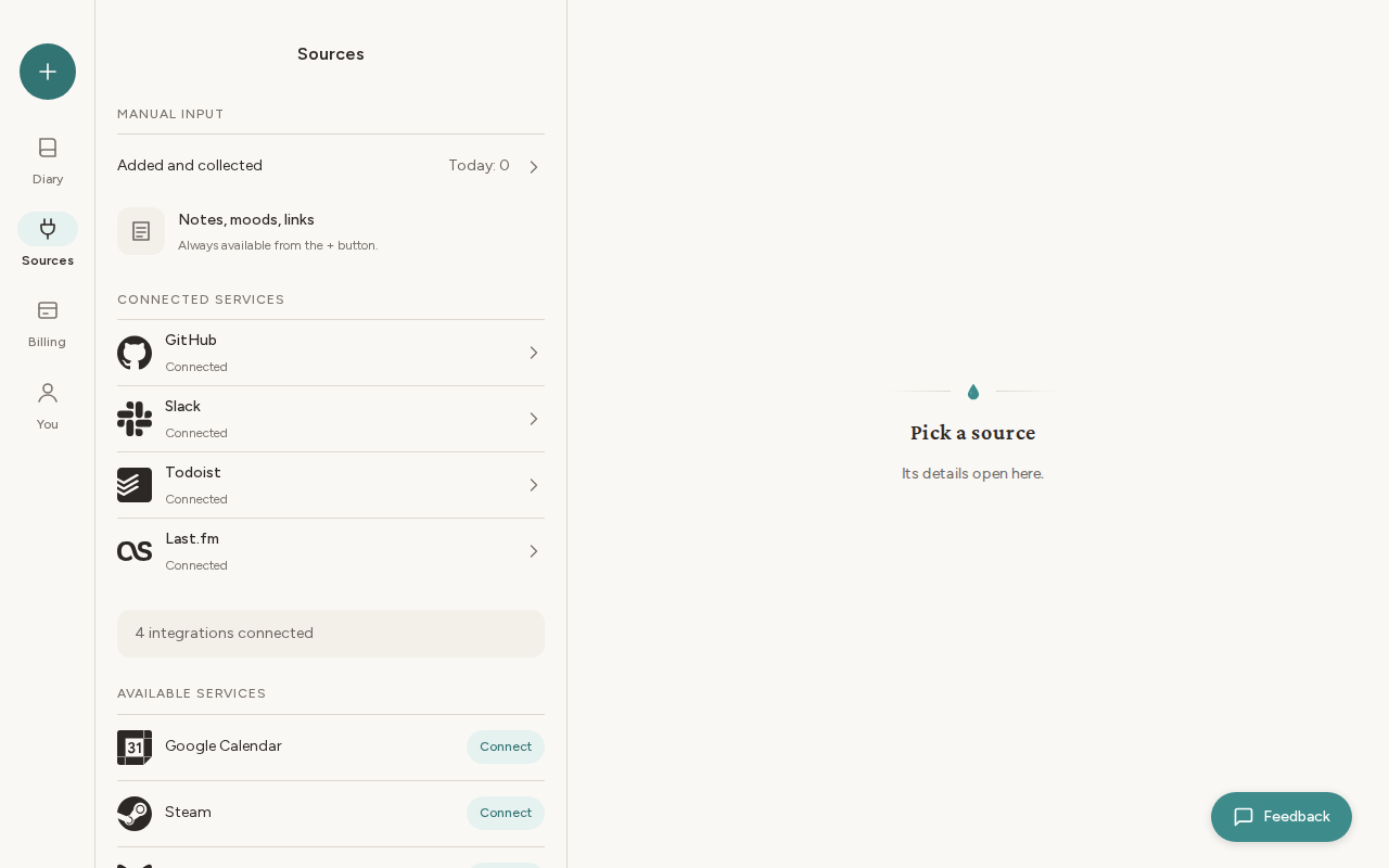 The Sources page with what you add yourself, connected services, and services you can add