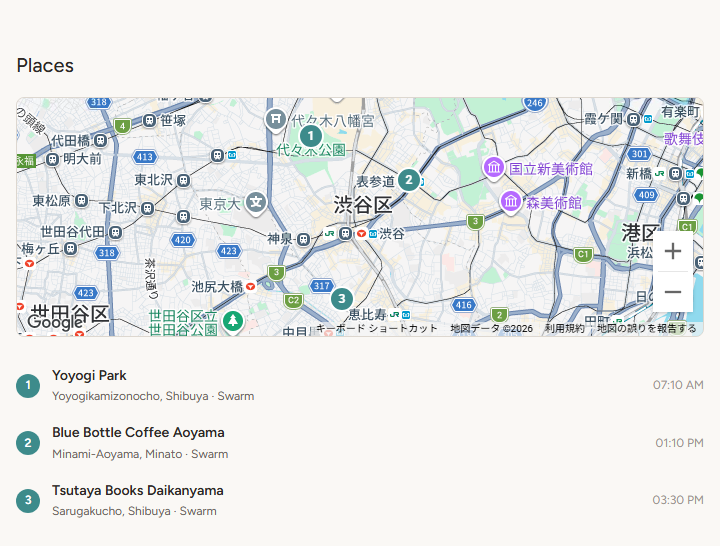 Places section with the day's places on one map, numbered in the order they were visited