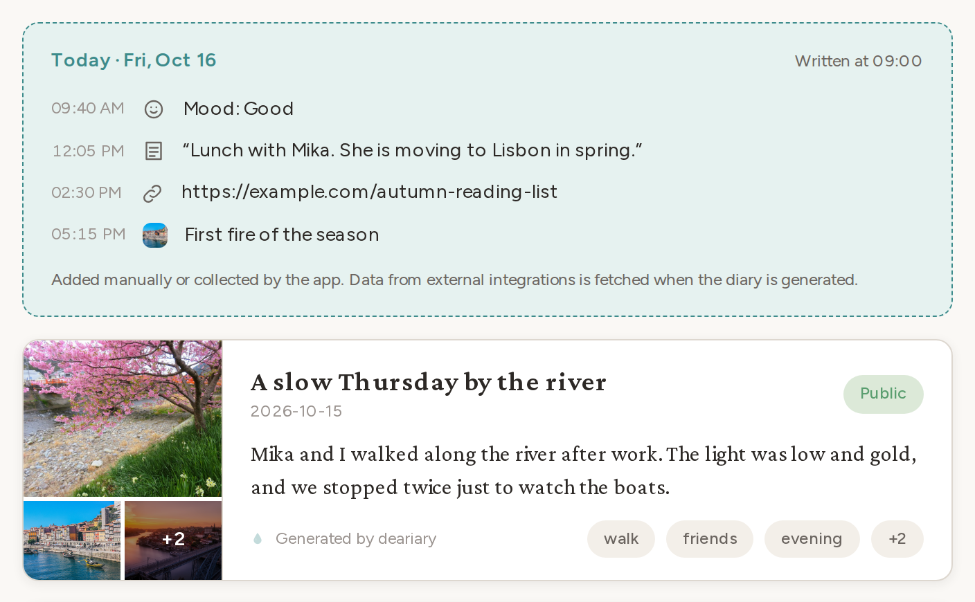 The Today card above the month list, showing a mood, a note, a link, and a photo added today